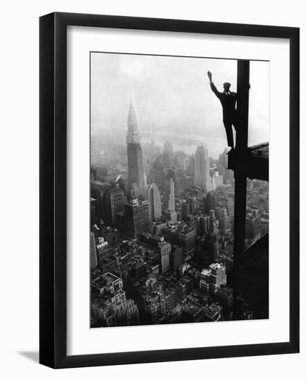 Man Waving from Empire State Building Construction Site-null-Framed Photographic Print