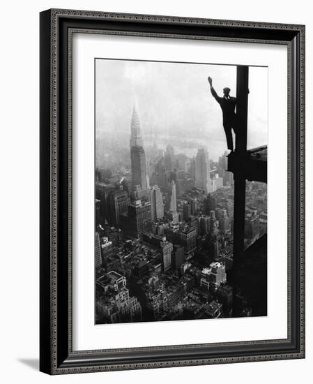 Man Waving from Empire State Building Construction Site-null-Framed Photographic Print