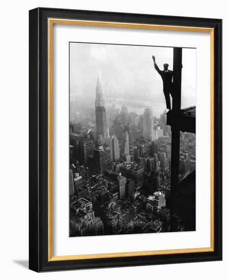 Man Waving from Empire State Building Construction Site-null-Framed Photographic Print