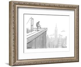 Man wearing hiking clothes peers out from the top of a building having jus? - New Yorker Cartoon-Jason Patterson-Framed Premium Giclee Print