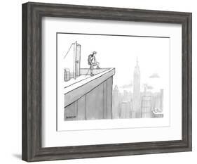 Man wearing hiking clothes peers out from the top of a building having jus? - New Yorker Cartoon-Jason Patterson-Framed Premium Giclee Print
