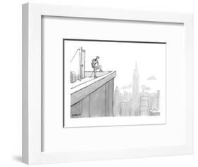 Man wearing hiking clothes peers out from the top of a building having jus? - New Yorker Cartoon-Jason Patterson-Framed Premium Giclee Print