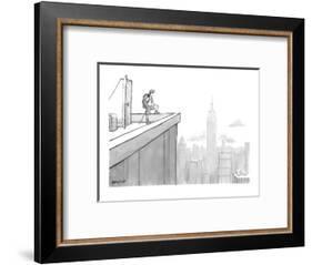 Man wearing hiking clothes peers out from the top of a building having jus? - New Yorker Cartoon-Jason Patterson-Framed Premium Giclee Print