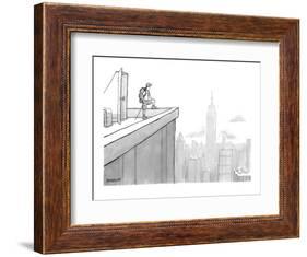 Man wearing hiking clothes peers out from the top of a building having jus? - New Yorker Cartoon-Jason Patterson-Framed Premium Giclee Print