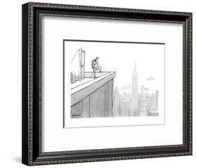 Man wearing hiking clothes peers out from the top of a building having jus? - New Yorker Cartoon-Jason Patterson-Framed Premium Giclee Print