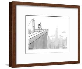 Man wearing hiking clothes peers out from the top of a building having jus? - New Yorker Cartoon-Jason Patterson-Framed Premium Giclee Print