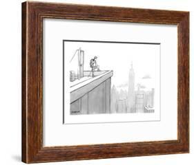 Man wearing hiking clothes peers out from the top of a building having jus? - New Yorker Cartoon-Jason Patterson-Framed Premium Giclee Print