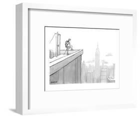 Man wearing hiking clothes peers out from the top of a building having jus? - New Yorker Cartoon-Jason Patterson-Framed Premium Giclee Print