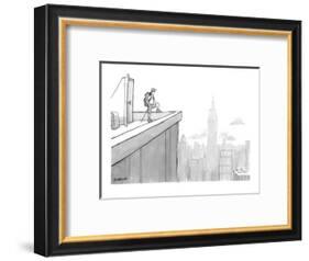 Man wearing hiking clothes peers out from the top of a building having jus? - New Yorker Cartoon-Jason Patterson-Framed Premium Giclee Print