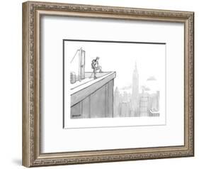 Man wearing hiking clothes peers out from the top of a building having jus? - New Yorker Cartoon-Jason Patterson-Framed Premium Giclee Print