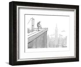 Man wearing hiking clothes peers out from the top of a building having jus? - New Yorker Cartoon-Jason Patterson-Framed Premium Giclee Print