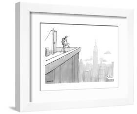 Man wearing hiking clothes peers out from the top of a building having jus? - New Yorker Cartoon-Jason Patterson-Framed Premium Giclee Print