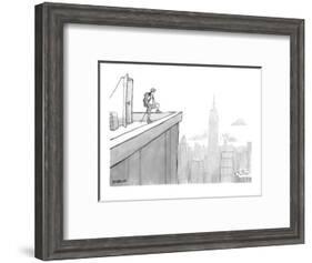 Man wearing hiking clothes peers out from the top of a building having jus? - New Yorker Cartoon-Jason Patterson-Framed Premium Giclee Print