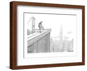 Man wearing hiking clothes peers out from the top of a building having jus? - New Yorker Cartoon-Jason Patterson-Framed Premium Giclee Print