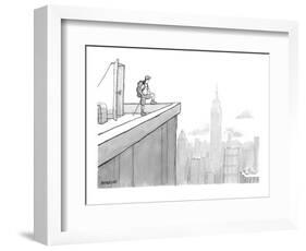 Man wearing hiking clothes peers out from the top of a building having jus? - New Yorker Cartoon-Jason Patterson-Framed Premium Giclee Print