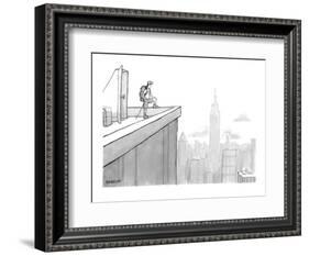 Man wearing hiking clothes peers out from the top of a building having jus? - New Yorker Cartoon-Jason Patterson-Framed Premium Giclee Print