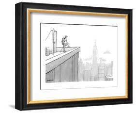 Man wearing hiking clothes peers out from the top of a building having jus? - New Yorker Cartoon-Jason Patterson-Framed Premium Giclee Print