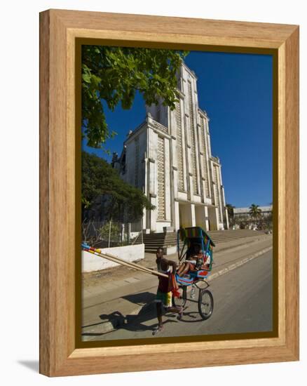 Man With a Rickshaw in Front of a Modern Church in Mahajanga, Madagascar, Africa-null-Framed Premier Image Canvas