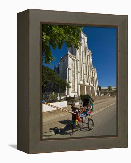 Man With a Rickshaw in Front of a Modern Church in Mahajanga, Madagascar, Africa-null-Framed Premier Image Canvas