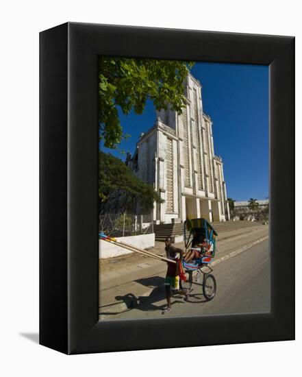 Man With a Rickshaw in Front of a Modern Church in Mahajanga, Madagascar, Africa-null-Framed Premier Image Canvas