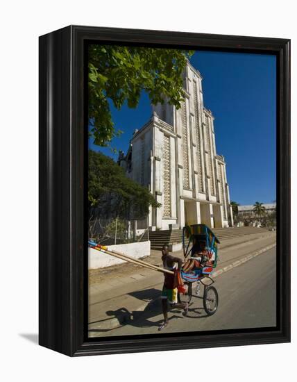 Man With a Rickshaw in Front of a Modern Church in Mahajanga, Madagascar, Africa-null-Framed Premier Image Canvas