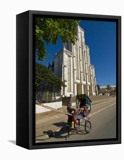 Man With a Rickshaw in Front of a Modern Church in Mahajanga, Madagascar, Africa-null-Framed Premier Image Canvas