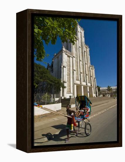 Man With a Rickshaw in Front of a Modern Church in Mahajanga, Madagascar, Africa-null-Framed Premier Image Canvas