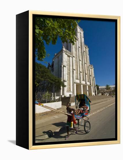 Man With a Rickshaw in Front of a Modern Church in Mahajanga, Madagascar, Africa-null-Framed Premier Image Canvas