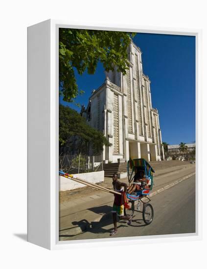 Man With a Rickshaw in Front of a Modern Church in Mahajanga, Madagascar, Africa-null-Framed Premier Image Canvas