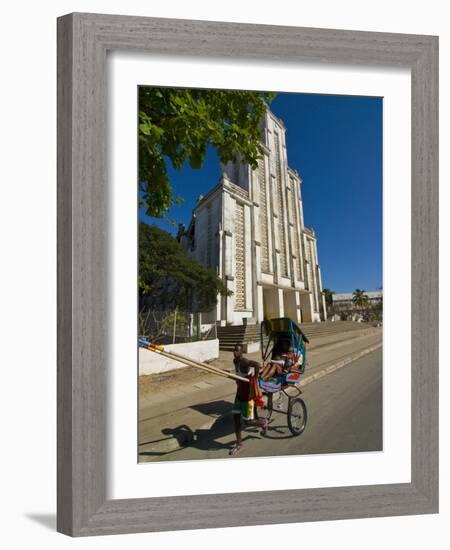 Man With a Rickshaw in Front of a Modern Church in Mahajanga, Madagascar, Africa-null-Framed Photographic Print