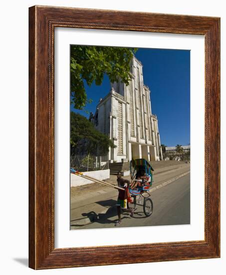 Man With a Rickshaw in Front of a Modern Church in Mahajanga, Madagascar, Africa-null-Framed Photographic Print