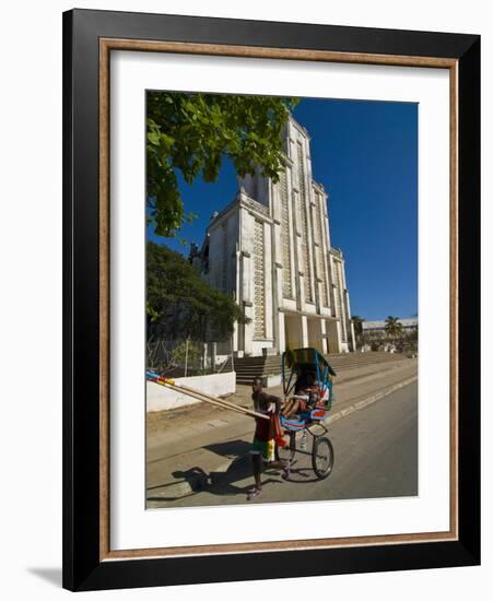 Man With a Rickshaw in Front of a Modern Church in Mahajanga, Madagascar, Africa-null-Framed Photographic Print