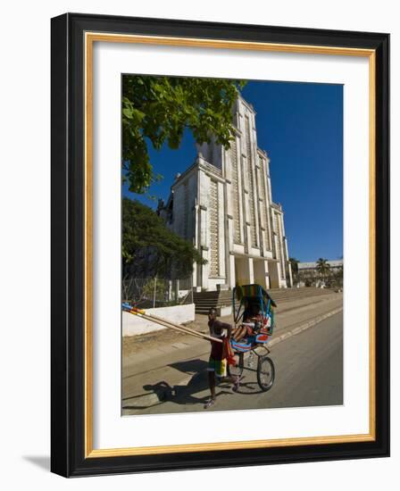 Man With a Rickshaw in Front of a Modern Church in Mahajanga, Madagascar, Africa-null-Framed Photographic Print