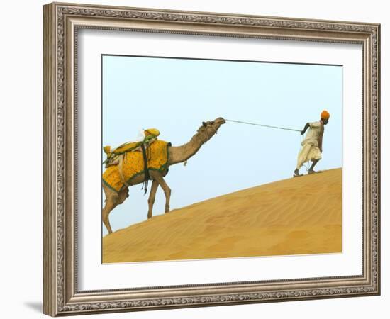Man with Camel with Sam Sand Dunes, Thar Desert, Jaisalmer, Rajasthan, India-Keren Su-Framed Photographic Print