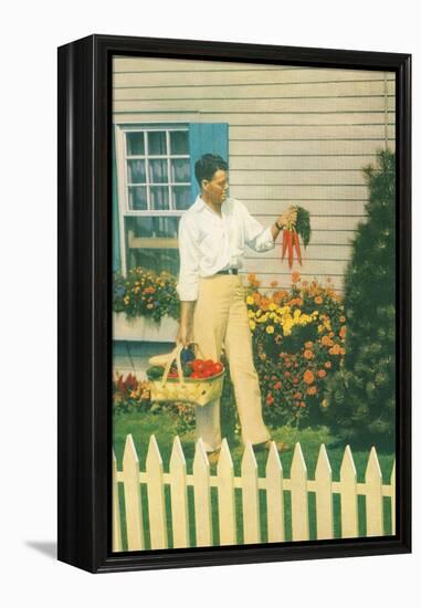 Man with Carrots in Yard-null-Framed Stretched Canvas