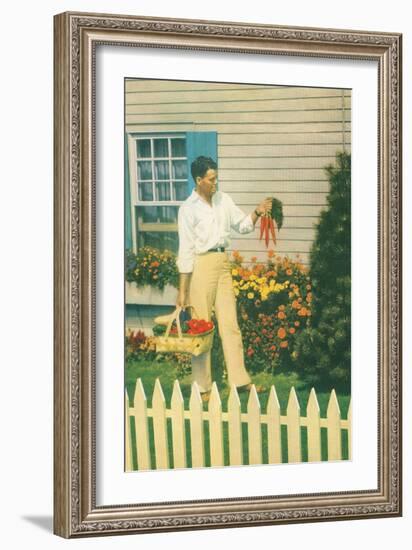 Man with Carrots in Yard-null-Framed Art Print