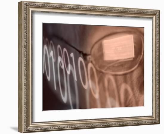 Man with Computer Screen Reflected in Glasses and Binary Code-null-Framed Photographic Print