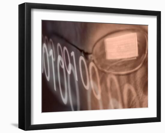 Man with Computer Screen Reflected in Glasses and Binary Code-null-Framed Photographic Print