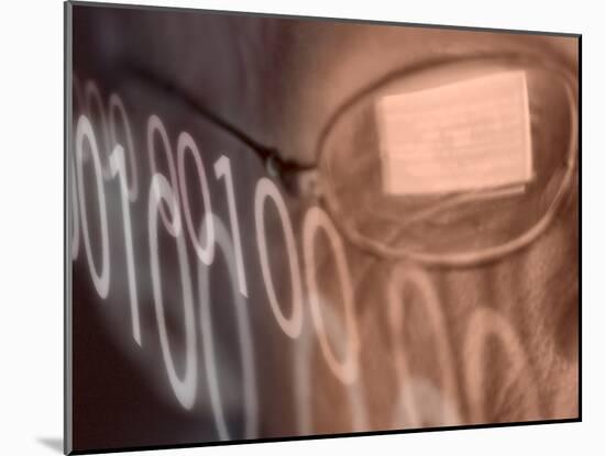 Man with Computer Screen Reflected in Glasses and Binary Code-null-Mounted Photographic Print