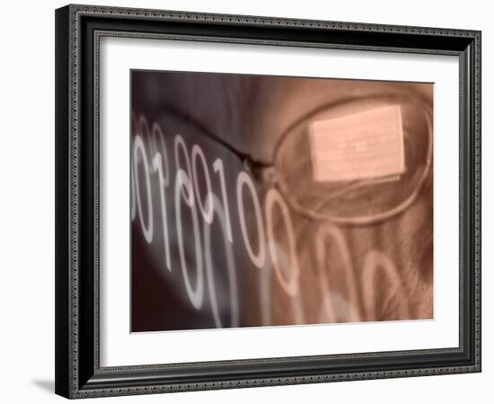 Man with Computer Screen Reflected in Glasses and Binary Code-null-Framed Photographic Print