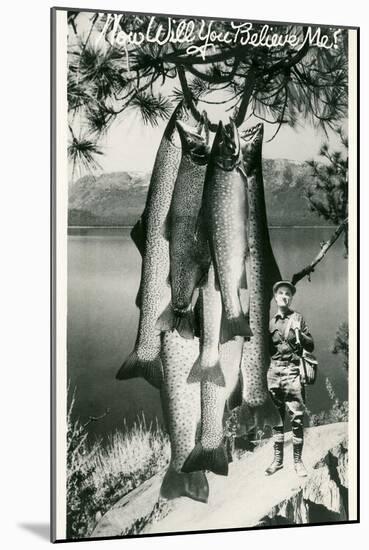 Man with Giant Trout-null-Mounted Art Print