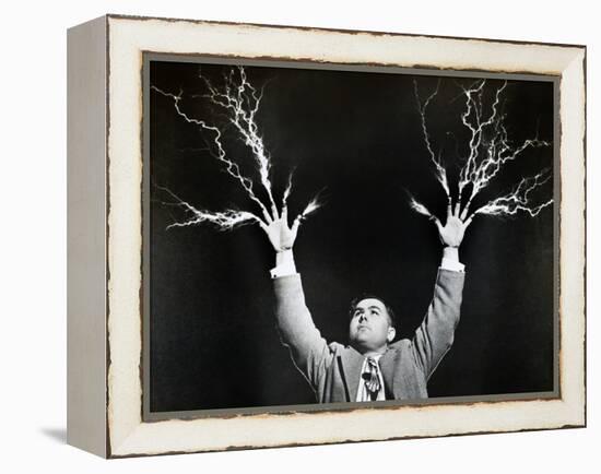 Man with Lightning Shooting from Fingers (B&W)-Hulton Archive-Framed Premier Image Canvas