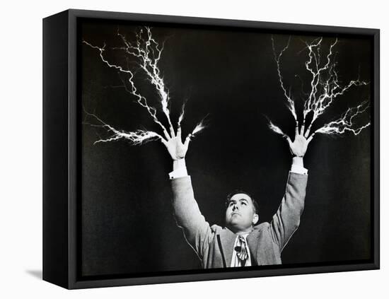 Man with Lightning Shooting from Fingers (B&W)-Hulton Archive-Framed Premier Image Canvas