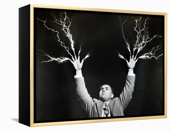 Man with Lightning Shooting from Fingers (B&W)-Hulton Archive-Framed Premier Image Canvas