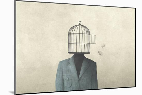 man with open birdcage over his head, surreal freedom concept-Francesco Chiesa-Mounted Art Print