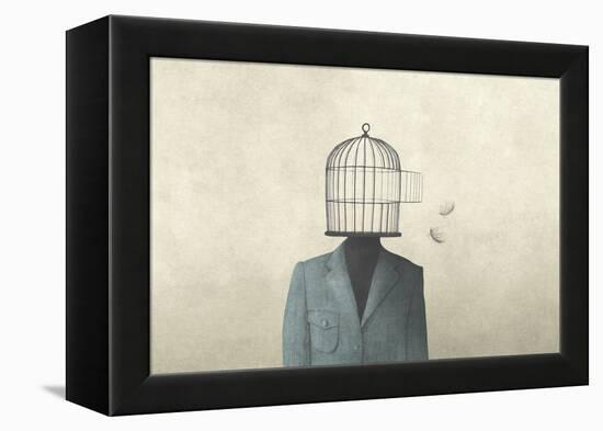 man with open birdcage over his head, surreal freedom concept-Francesco Chiesa-Framed Stretched Canvas