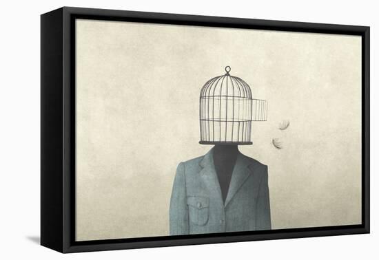 man with open birdcage over his head, surreal freedom concept-Francesco Chiesa-Framed Stretched Canvas