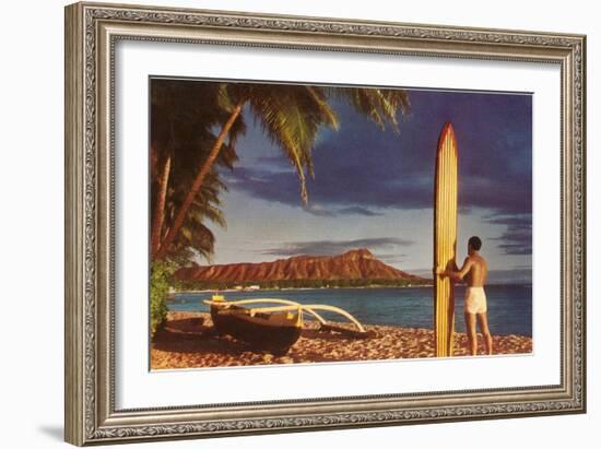 Man with Surfboard at Diamond Head-null-Framed Art Print