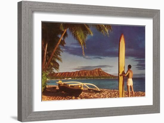 Man with Surfboard at Diamond Head-null-Framed Art Print