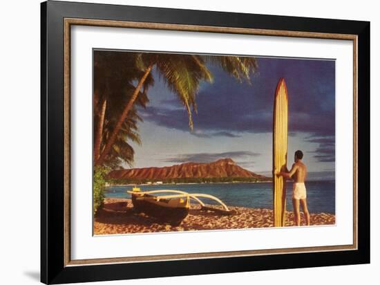 Man with Surfboard at Diamond Head-null-Framed Art Print